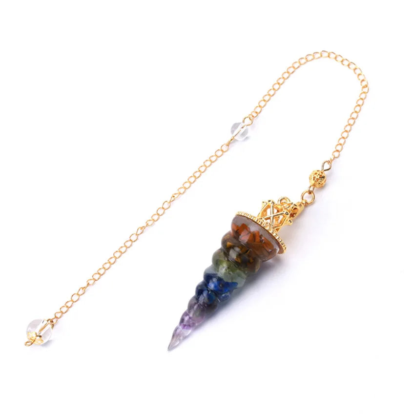 Long 7 Chakra Crystal Pendulum Divination, Natural Stone Chip Bead, Cone Pendant Reiki Resin, Esoterics Pendulums