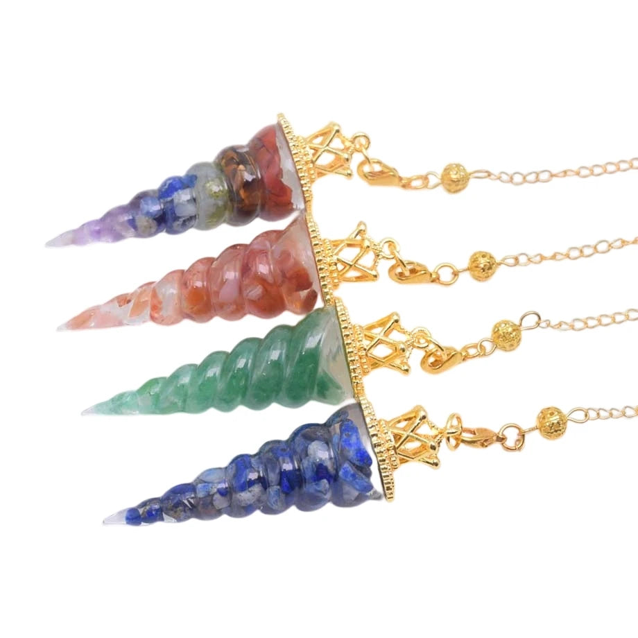 Long 7 Chakra Crystal Pendulum Divination, Natural Stone Chip Bead, Cone Pendant Reiki Resin, Esoterics Pendulums