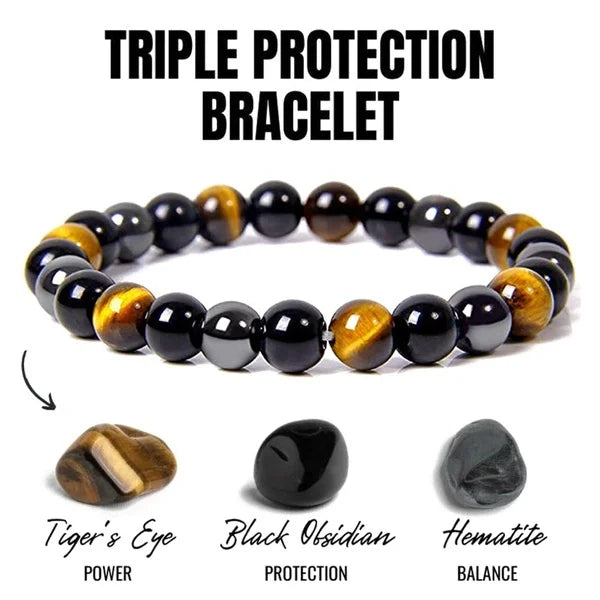 Magnetic Hematite, Tiger Eye, Obsidian Bracelet Triple Protection - Health Care - Bracelet for Weight Loss