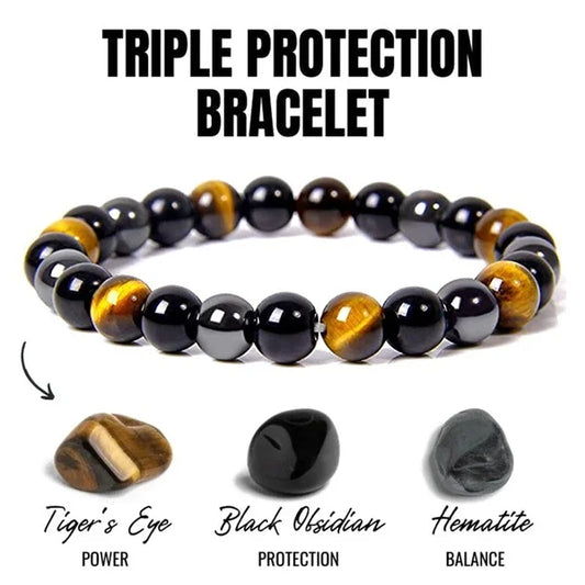 Magnetic Hematite, Tiger Eye, Obsidian Bracelet Triple Protection - Health Care - Bracelet for Weight Loss