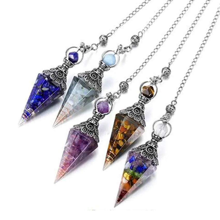 Natural 7 Chakra Healing Crystals Pendulum for Dowsing, Divination, Quartz Stone Pendulums, Antique style Reiki Pendant