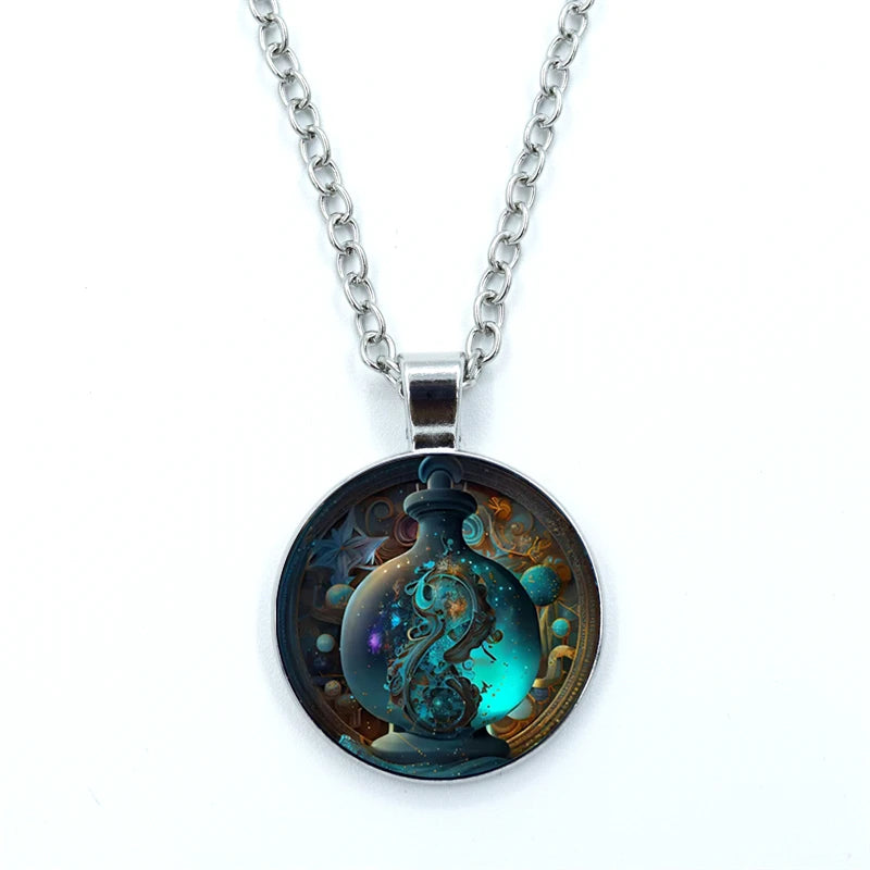 Handmade Esoteric 12 Constellations, Glass Dome Necklace: Leo, Virgo, Libra, Scorpio, Sagittarius, Zodiac Sign Pendant Necklace