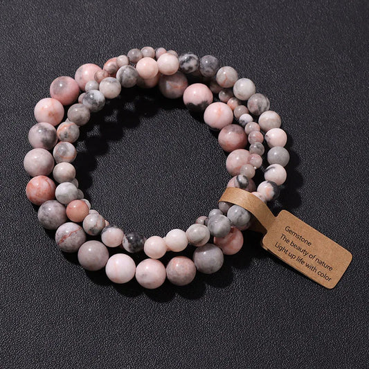 7.48 in / 19cm - Pink Zebra Beads Bracelet 4, 6 & 8mm Natural Stone Turquoises Agates Tiger Eye Quartz Beaded Bracelets Set