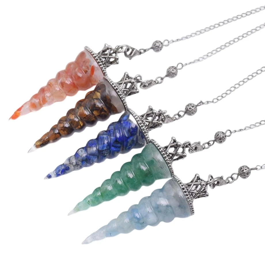 Long 7 Chakra Crystal Pendulum Divination, Natural Stone Chip Bead, Cone Pendant Reiki Resin, Esoterics Pendulums