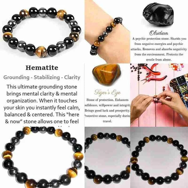 Magnetic Hematite, Tiger Eye, Obsidian Bracelet Triple Protection - Health Care - Bracelet for Weight Loss