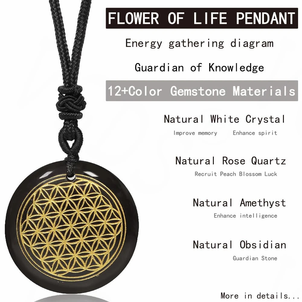 Natural Crystal Rose Quartz - Carved Flower Of Life Pendants, Reiki, Esoteric, Spiritual, Auspicious Necklaces