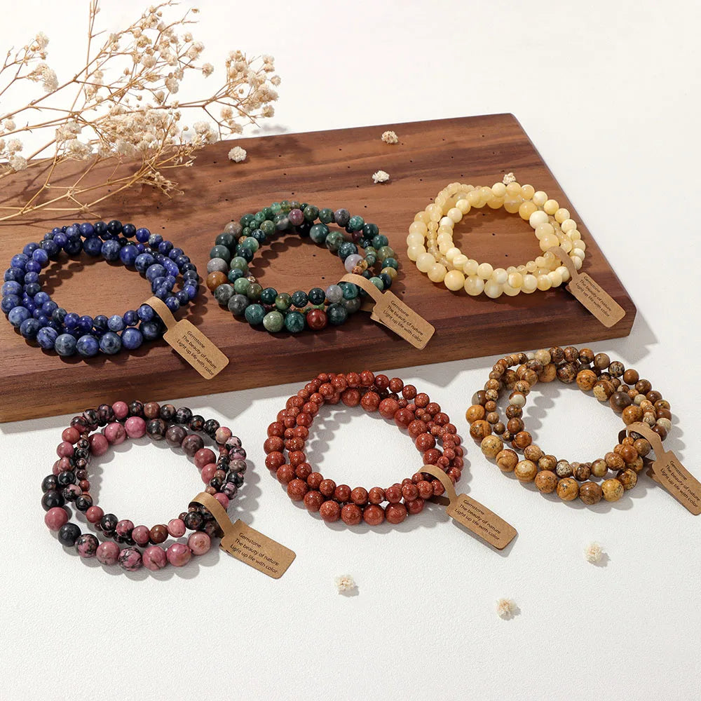 6.69in / 17cm - Pink Zebra Beads Bracelet 4, 6 & 8mm Natural Stone Turquoises Agates Tiger Eye Quartz Beaded Bracelets Set