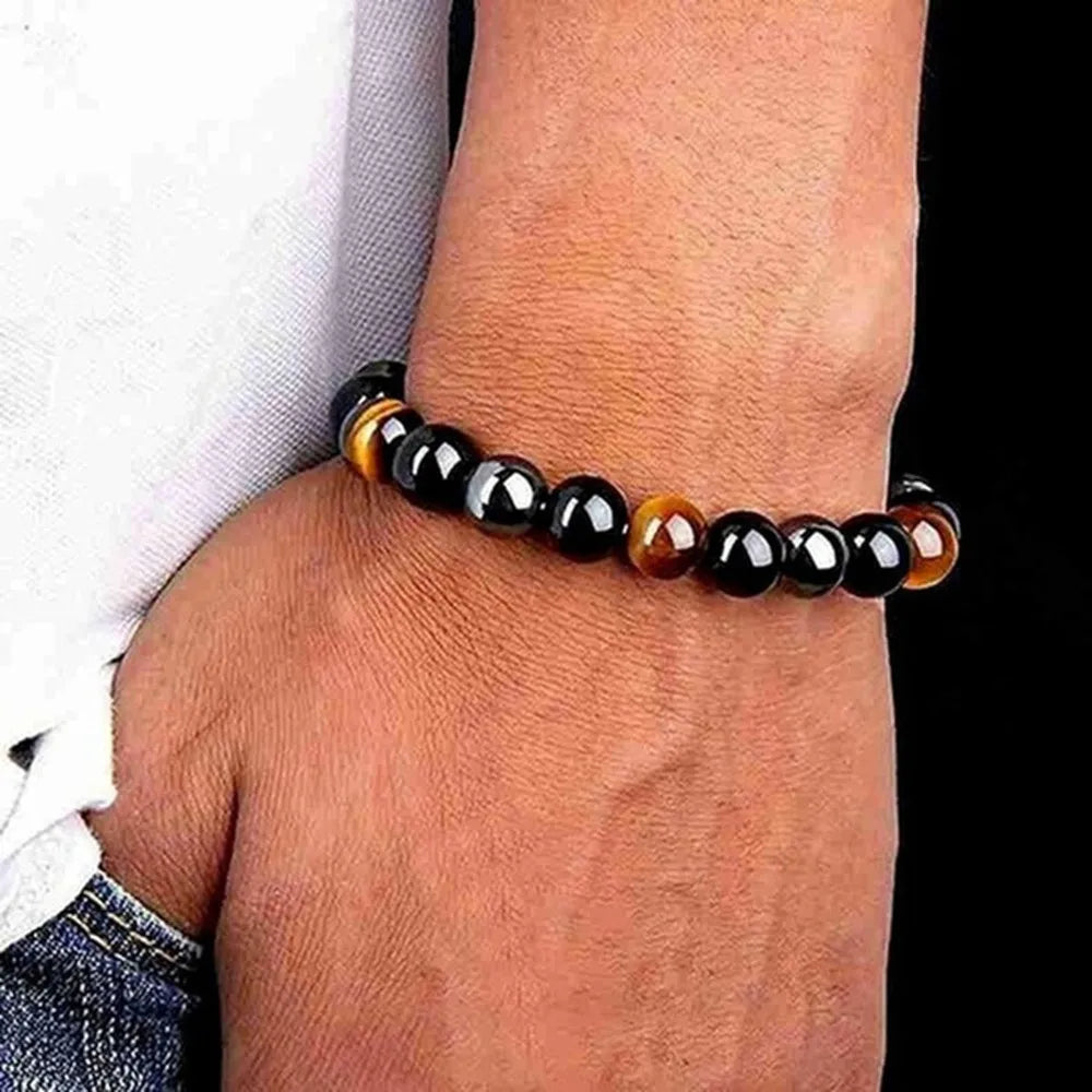 Bracelet Triple Protection, Tiger Eye, Hematite and Black Obsidian Stone - Beaded Couple Bracelet.