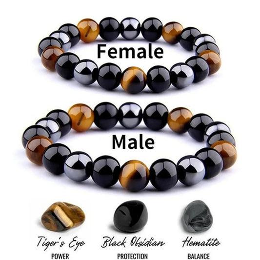 Bracelet Triple Protection, Tiger Eye, Hematite and Black Obsidian Stone - Beaded Couple Bracelet.