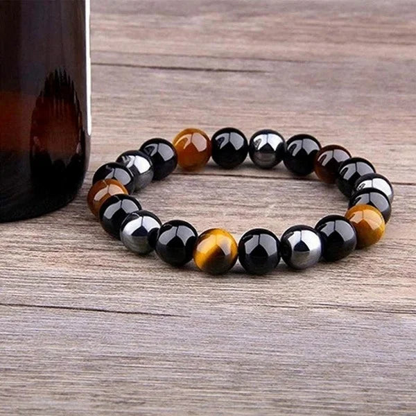 Bracelet Triple Protection, Tiger Eye, Hematite and Black Obsidian Stone - Beaded Couple Bracelet.